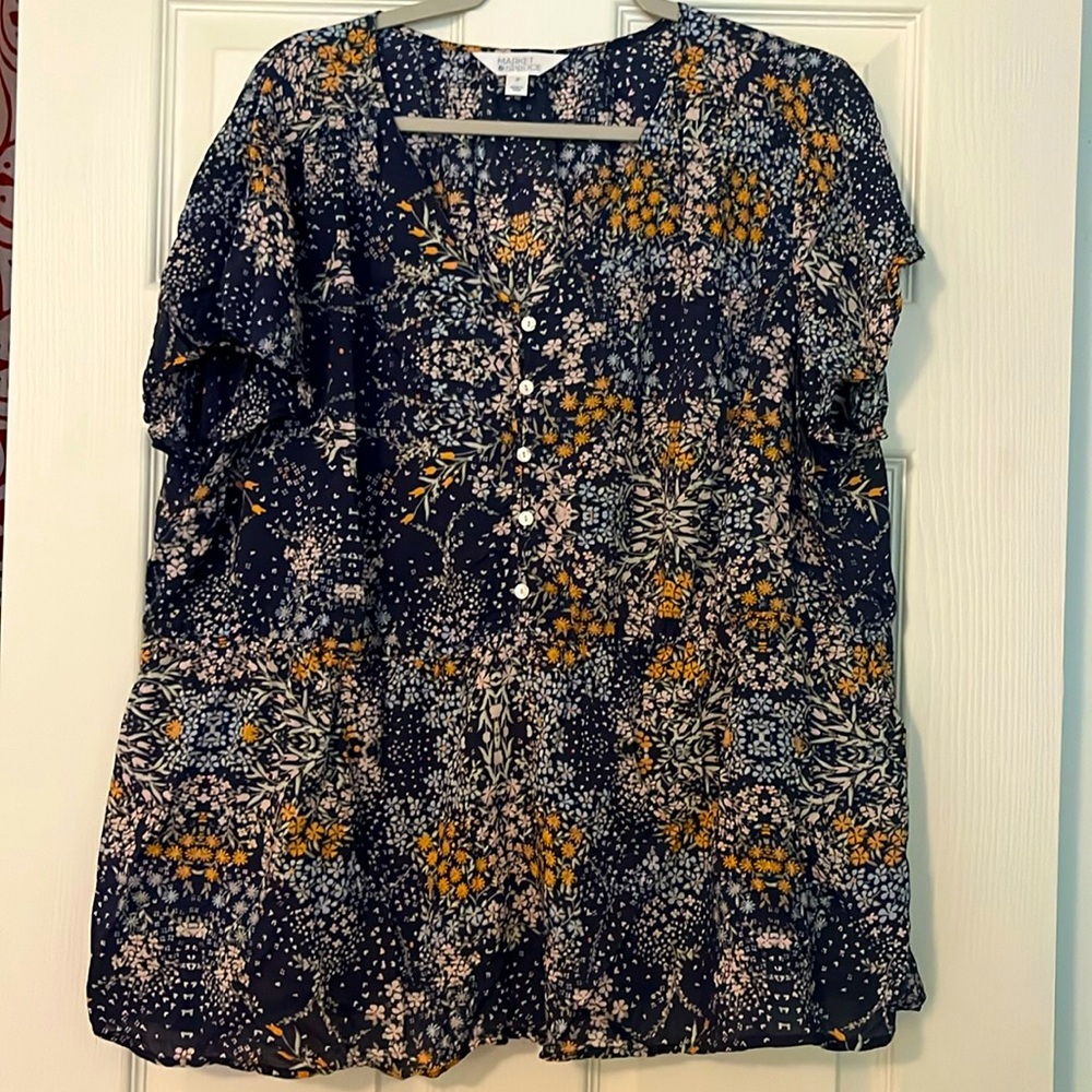 Market & Spruce navy, pink, orange ditsy floral print peplum blouse